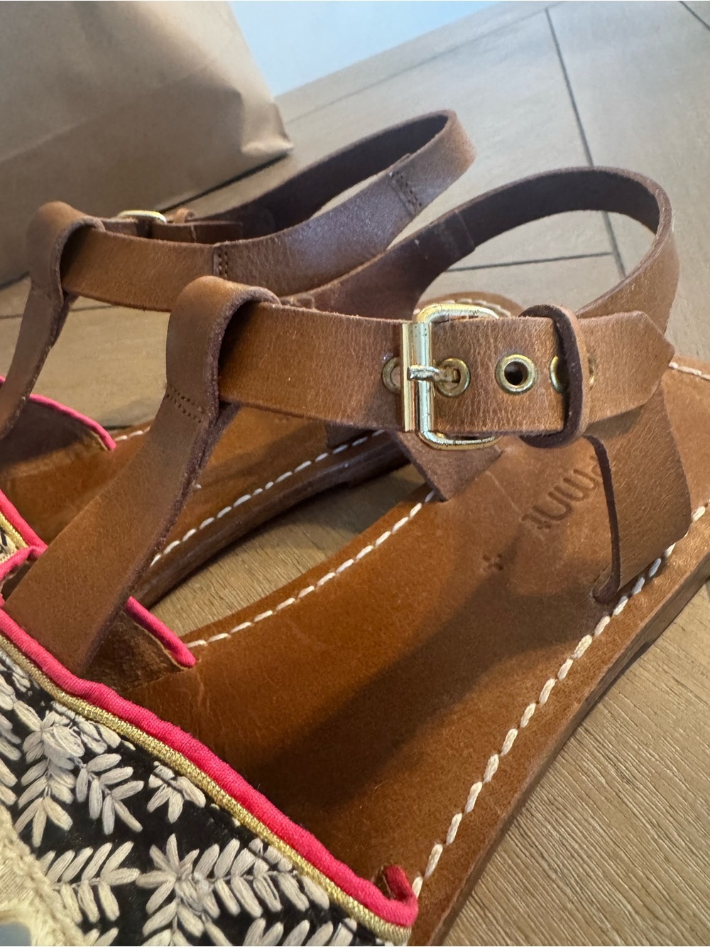 Anthropologie DVLPMNT Brown Genuine Leather Pom-Pom & Embroidered Sandals - Picture 5 of 14